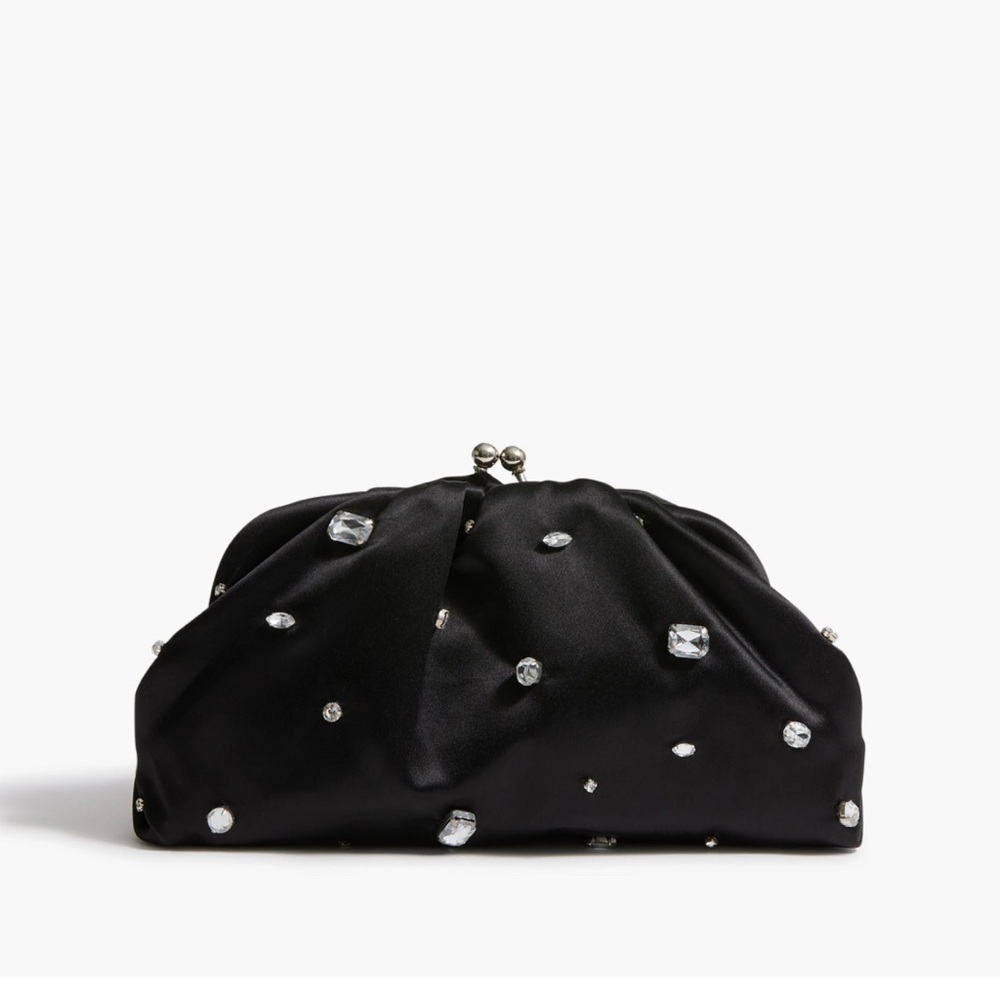 J. Crew Satin Rhinestone Clutch Evening Bag Black *Flaw*